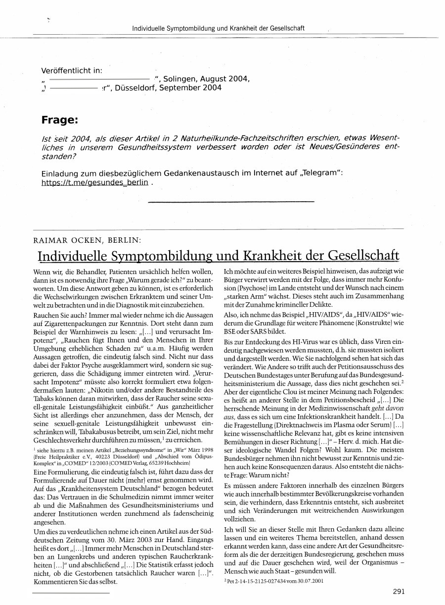 Ein Artikel von mir zum Thema, Individuelle und gesellschaftliche Gesundheit. Seite 1