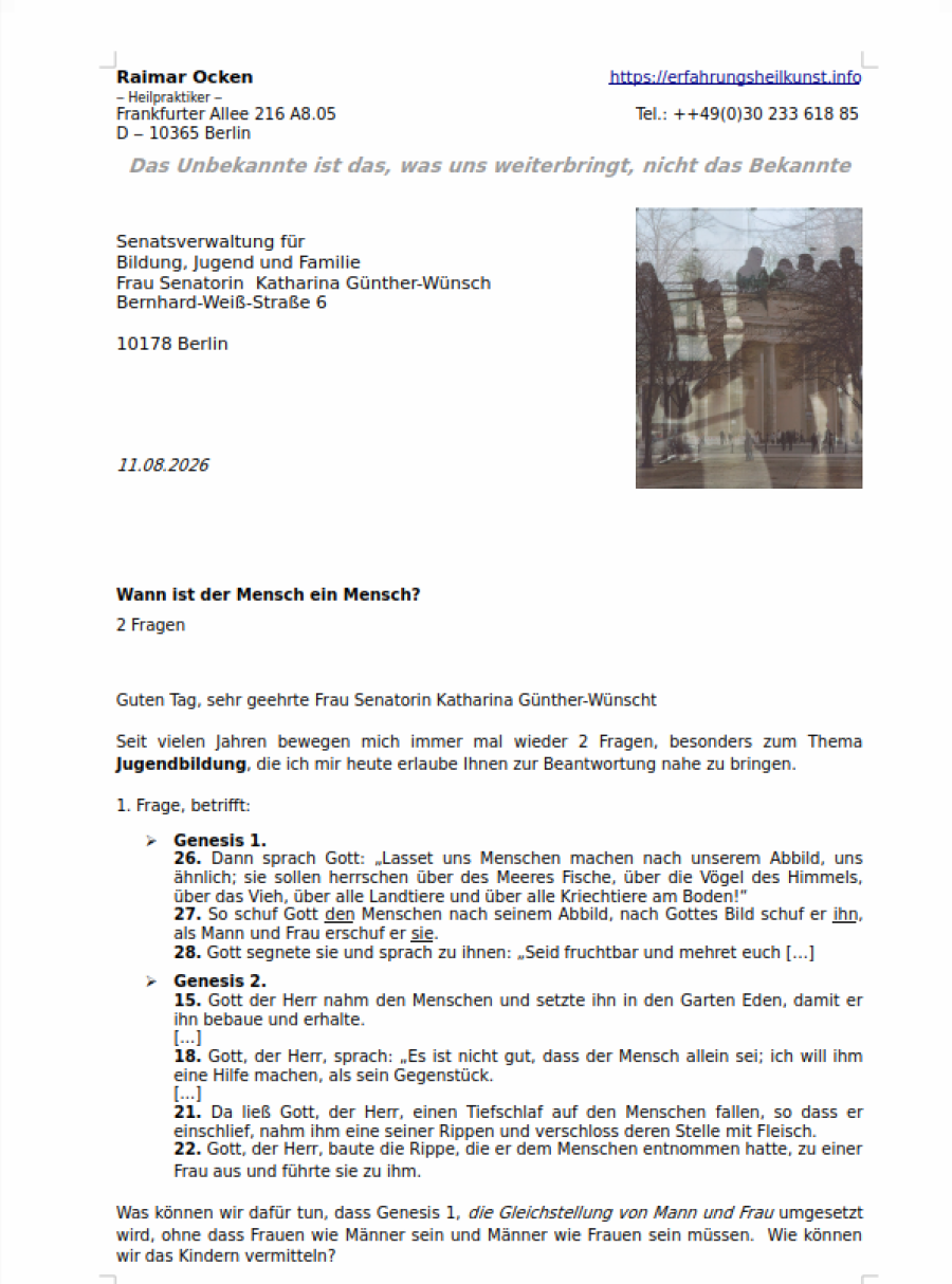 Brief an Senatsverw. f. Bildung, Jugend u. Fam.