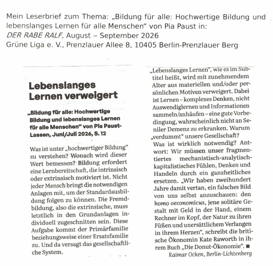 Ein Leserbrief von mir