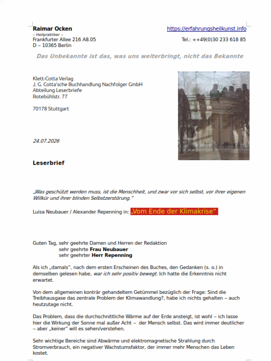 Brief an den Klett.Cotta Verlag, Teil 1