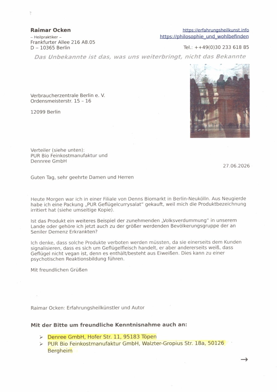 Brief an die Verbraucherzentrale in Berlin
